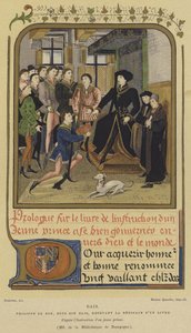 Philipp der Gute, Herzog von Burgund, auf einem Podest sitzend und ein Buch empfangend, 15. Jahrhundert von French School