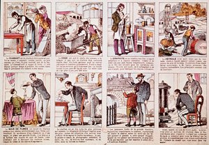 Tafel, die die Geschichte der Kohleproduktion und verschiedene Derivate wie Diamant, Koks (Brennstoff), Graphit und Öl beschreibt (Gravur) von French School