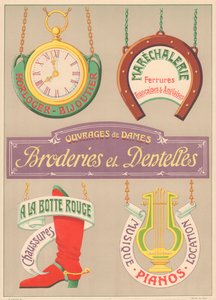 Schildermodelle für Jugendstilbuchstabenmaler (Uhren-Juwelier, Maréchalerie, Stickerei und Spitze, Schuhe, Musikklaviere) von French School