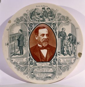 Teller mit einem Foto von Louis Pasteur (1822-95) von Pierre Petit (1832-1909) und Szenen aus seinem Leben von French School