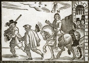 Politische Flugschrift Mazarinade: Mazarin flieht aus Paris zu Pferd, mitten in der Nacht, begleitet von zwei Dienern mit Laternen. Holzschnitt 1651