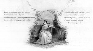 Armer Jacques. Mädchen sitzt allein auf einer Bank und hält einen Rechen. Gravur in „Chants et chansons populaire de la France“, Band 2 von French School