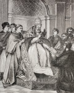 Papst Gregor IX. übergibt die Dekretalen einem Anwalt des Konsistoriums, aus 
