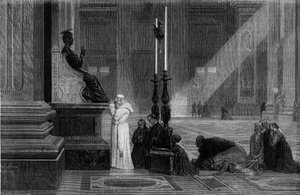 Papst Pius IX. (1792-1878) betet nahe der Statue des Heiligen Petrus in der Basilika St. Peter in Rom. Gravur aus „Rom: Beschreibung und Erinnerungen“ von Francis Wey, 1870er Jahre.