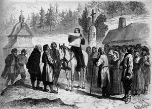 Papst übersetzt und liest ein Ukas (Ukase) des Kaisers von Russland (Alexander II.) an polnische Analphabeten
