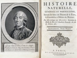 Porträt und Titelseite von „Histoire naturelle, générale et particulière“ von Buffon von French School