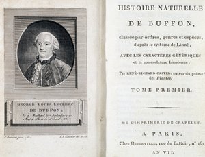 Porträt von Buffon und die Titelseite von „Naturgeschichte von Buffon“ von French School