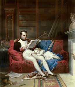 Porträt von Kaiser Napoleon I. (1769-1821) und seinem Sohn König von Rom Napoleon II., Herzog von Reichstadt (1811-1832) schlief auf seinem Schoß. Gravur des 19. Jahrhunderts Malmaison, Schlossmuseum von French School