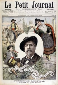 Porträt von Frédéric Mistral, umgeben von provenzalischen Charakteren (Gardian, Pfeifer und Mireille) - in „Le Petit journal“ vom 28.12.1904 (Gravur) von French School