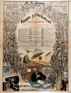Porträt von Jules Verne und Szenen seiner Werke - Werbeplakat für seine Gesamtwerke