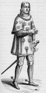 Porträt von Louis de Malet, Herr von Graville (ca. 1441-ca. 1519), Admiral von Frankreich im Jahr 1487, in Kriegs- und Turnierkostüm. Gravur in „La Marine et les colonies: commerce“ von French School