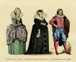Porträt von Marie de Medici (1573-1642), Königin von Frankreich, in Witwentracht, umgeben von einer Hofdame und einem Edelmann, um 1620. Farbgravur in „Frankreich und die Franzosen durch die Jahrhunderte“ von Augustin Challamel, F. Roy Herausgeber, Paris 1 von French School