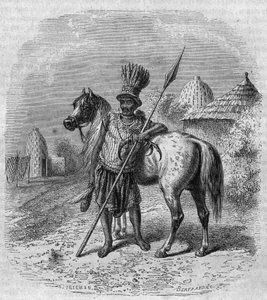 Porträt eines Anführers des Mousgou-Stammes in Zentralafrika, Mitte des 19. Jahrhunderts. Gravur von Freeman in „The Picturesque Magasin“ von French School