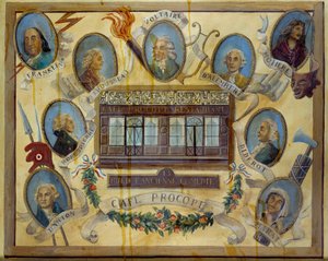Porträt historischer Persönlichkeiten und Ansicht des Pariser Cafés Le Procope: Benjamin Franklin, Jean Jacques Rousseau, Voltaire, Jean D