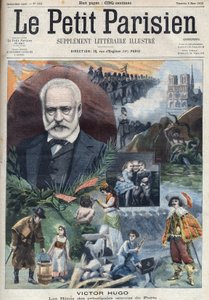 Porträt des französischen Schriftstellers Victor Hugo (1802-1885) mit Illustrationen seiner Hauptwerke. Gravur in "Le Petit Parisien" von French School