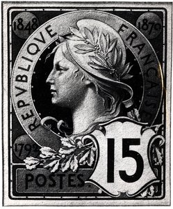 Briefmarke mit Darstellung von Marianne, der offiziellen Repräsentation der Französischen Republik, ca. 1893