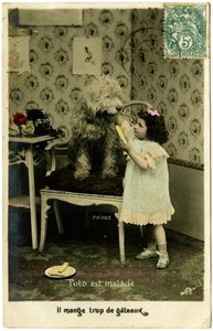Postkarte: Toto ist krank, er hat zu viel Kuchen gegessen, Prince von French School