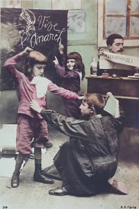 Postkarte, die das säkulare Bildungssystem kritisiert, ca. 1910