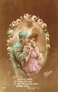 Postkarte, die einen französischen Soldaten und seine Geliebte darstellt, 1914-18