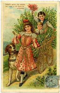 Postkarte, bitte akzeptieren Sie, Kinderwünsche und Frühlingsblumen von French School