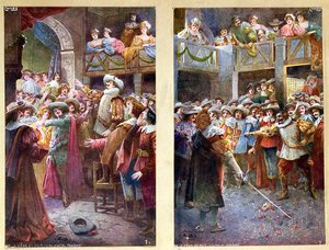Postkarten darstellend Cyrano de Bergerac und das Duell im Hotel de Bourgogne, ca. 1900 von French School