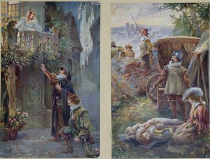 Postkarten darstellend Cyrano de Bergerac mit Roxanne und den Tod von Christian, ca. 1900