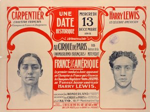 Plakat, das den Boxkampf zwischen Carpentier und Harry Lewis, 1911, bewirbt von French School