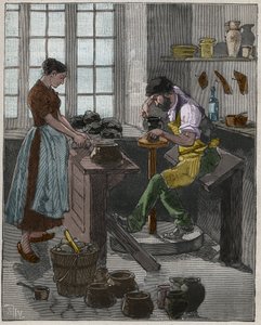 Töpferei: Töpfer, der eine Vase auf der Drehscheibe formt. Frankreich. von French School