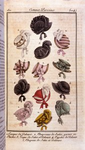 Mode des Premier Empire: verschiedene Modelle von Damenhüten, Samthelm, Satinhüte, Hut und Kondome. Stich von 1811