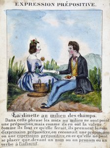 Präpositive Ausdruck (La dinette au milieu des champs) - Grammatikbuch in Bildern, um 1850 von French School