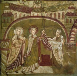 Darstellung von Jesus im Tempel. Fresko der Kirche von Vic sur Cere (Cantal). 12. Jahrhundert. Paris, Museum der Denkmäler von French School