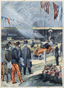 Präsident der Französischen Republik Emile Loubet (1838-1929) bei der Ausstellung von Industriealkohol in der Maschinenhalle am Champ de Mars in Paris, in „Le Petit Parisien“. von French School