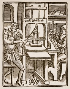 Druckerpresse, Titelseite von Hegesippus, gedruckt von Jodocus Badius Ascensius, Paris, 1511 (Sepia-Foto)