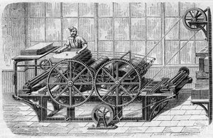 Druck einer Zeitung: mechanische Presse zum Drucken von Drucken von French School