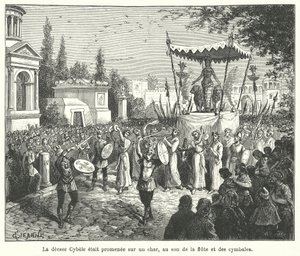 Prozession des Wagens der römischen Göttin Kybele, angeführt von Pfeifern und Zimbelspielern von French School