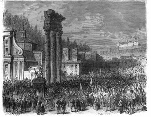 Proklamation der Römischen Republik im Jahr 1798. (Proklamation della repubblica romana nel 1878) Gravur in „Histoire des Papes-Könige-Königinnen und Kaiser durch die Jahrhunderte“ von Maurice Lachatre