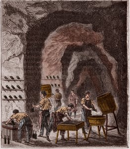Herstellung von Champagner - Gravur in „Wissenschaften für jedermann - Physik und Chemie“ von Alexis Clerc - Ende des 19. Jahrhunderts - Private Sammlung von French School