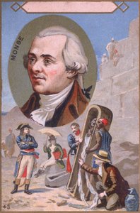 Werbekarte, die Gaspard Monge (1746-1818) zeigt, wie er Napoleon Bonaparte (1769-1821) während der ägyptischen Kampagne eine Mumie präsentiert, späte 19. Jahrhundert von French School