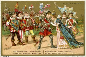 Werbekarte für das Pariser Kaufhaus Au Bon Marché, die eines der beliebtesten Volks- und Kinderlieder in der französischen Sprache darstellt, Marlbrough sen va-t-en guerre (Marlborough ist gegangen) von French School