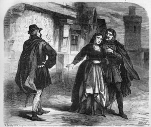 Prostitution im Mittelalter: Freudenmädchen blühten in den Provinzen wie Paris. Gravur in „Die Geschichte der Prostitution und Ausschweifung bei allen Völkern der Welt von der Antike bis heute“ von Dr. Th. -F. Debray. 1879.