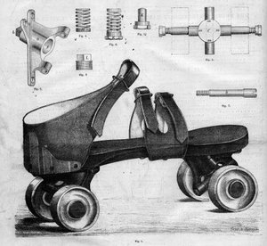 Prototyp von Rollschuhen. Gravur in „The Illustrous Universe“ von French School