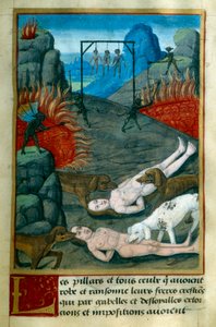 Strafe für Diebe und Plünderer in der Hölle, sie werden gehängt, verbrannt und von Hunden gefressen. Miniatur aus „Le Tresor de Sapience“ von Jean Gerson (1363-1429) 15. Jahrhundert Chantilly, Musee Conde