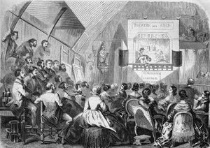 Puppentheater im Jahr 1858. Darstellung in der Werkstatt von Maurice Sand (1823-1889), 12 rue Boursault in Paris von French School