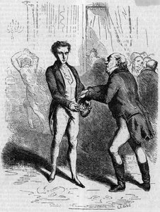 Rastignac schwindelig lässt den weißhaarigen Mann zehn Louis nehmen. Gravur Mitte des 19. Jahrhunderts. Illustration für „Der Vater Goriot“ von Honore de Balzac (1799-1850).