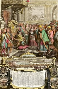 Empfang von Mehemet Effendi, türkischer Botschafter des großen Sultans Achmet, durch Ludwig XV. am 21. März 1721 in den Tuilerien. Gravur des 18. Jahrhunderts. Private Sammlung. von French School