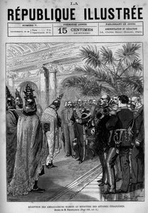 Empfang der siamesischen Botschafter im Außenministerium. Eine Zeitung. Gravur von 1880 in „La république illustrée“ private Sammlung. von French School