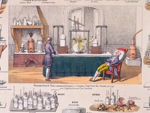 Rekomposition von Wasser aus Wasserstoff und Sauerstoff: Antoine Laurent de Lavoisier (1743-94) experimentiert mit der Atmung eines ruhenden Mannes, Illustration aus einer Lehrtafel, ca. 1860