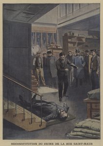 Rekonstruktion eines Mordes in der Rue Saint-Maur, Paris (Farblithografie) von French School