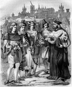 Rektor und Studenten verschiedener Nationen an der Universität Prag im 17. Jahrhundert. Gravur von 1852 von French School