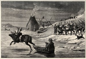 Rentierherde in Lappland - Gravur aus „Der Mensch und das Tier“ von Arthur Mangin - 1872 -